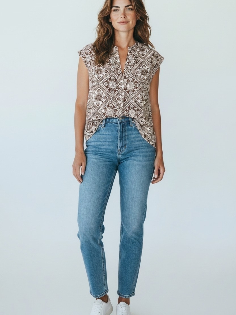 Ann Taylor Brown and Cream Printed Split V-Neck Blouse